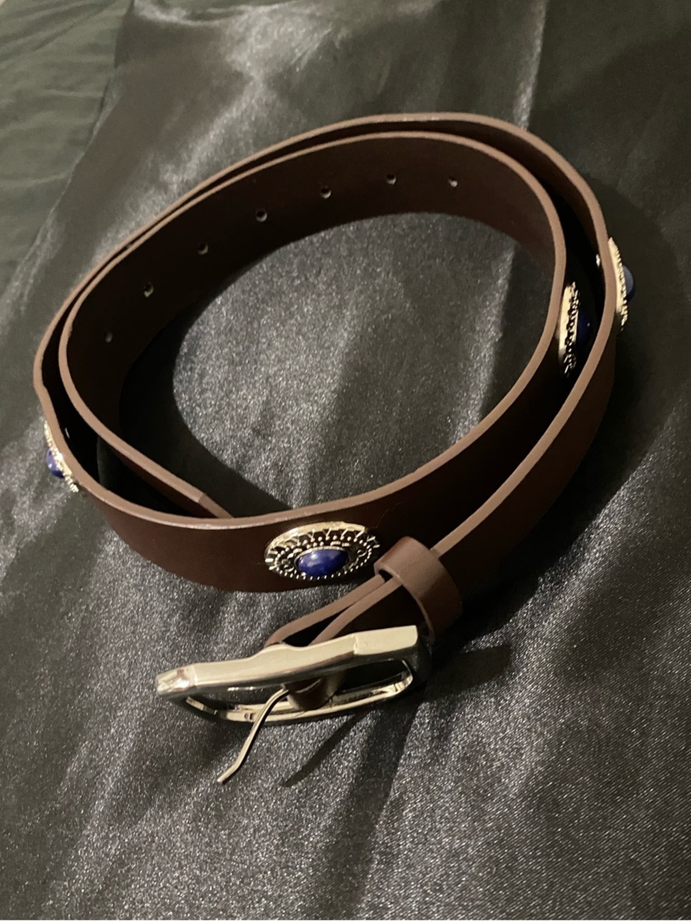 Women’s Brown Leather Belt with Blue Stone Conchos